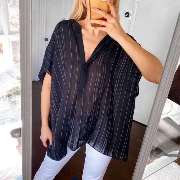 π€ PLUS VINCE BLACK WHITE STRIPE LOOSE FIT V-NECK SHORT SLEEVE TOP/TUNIC! - Picture 2 of 16
